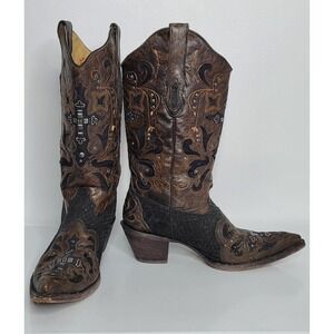 Corral Boots Size 9.5 Womens Vintage Brown Black Western Crystal Cross C1105